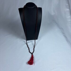 Black Natural Stone Mala Bead Necklace Red Knotted Cord Tassel 21in